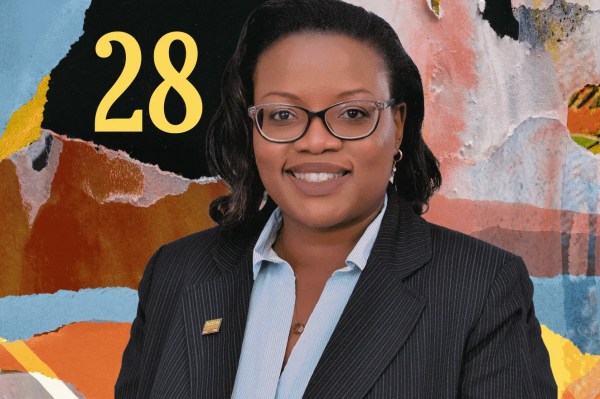 A headshot of Grace Maingi with glasses, wearing a pinstripe blazer and a light blue shirt. The background is a vibrant, collage-style design of torn, colorful papers, with the number 28 in large yellow font on the upper left.